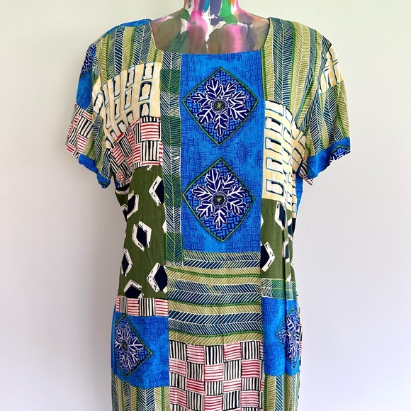 🌎VINTAGE Abstract Graphic Boho Print Blue Green Dress - Picture 2 of 8